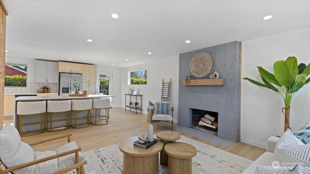 living room featuring a fireplace and light hardwood / wood-style flooring