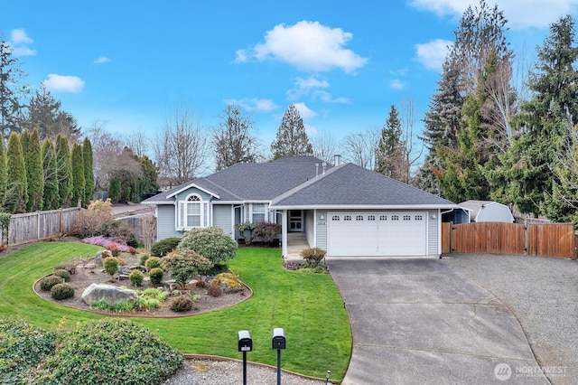 ranch-style house featuring a shingled roof, fence, a garage, driveway, and a front lawn