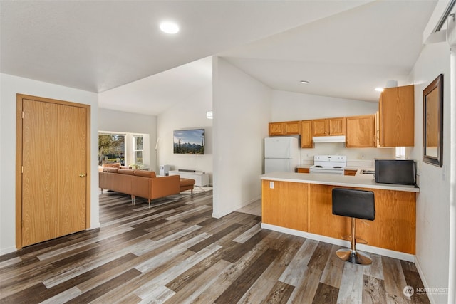 kitchen with lofted ceiling, white appliances, a kitchen bar, dark hardwood / wood-style flooring, and kitchen peninsula