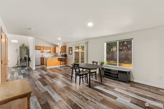 dining area with vaulted ceiling and wood-type flooring