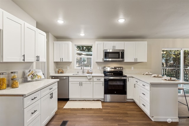 kitchen with white cabinetry, stainless steel appliances, dark wood-type flooring, and sink