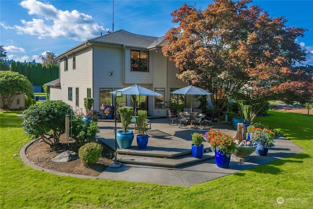 back of house with a patio and a lawn