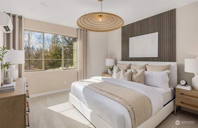 carpeted bedroom featuring a wall mounted air conditioner and multiple windows