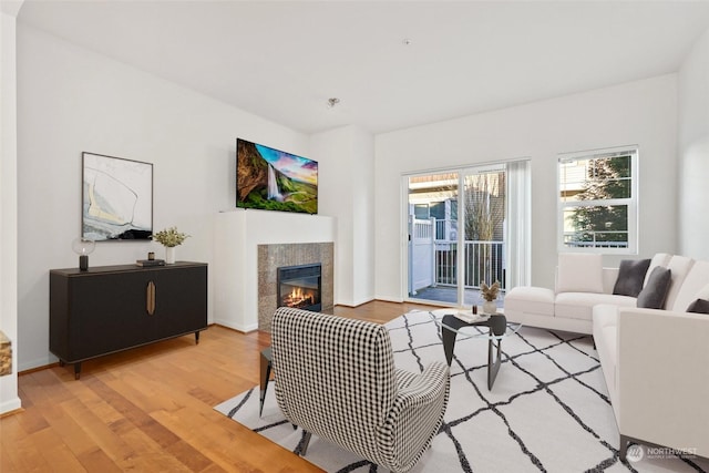 living room with a tiled fireplace and light hardwood / wood-style floors