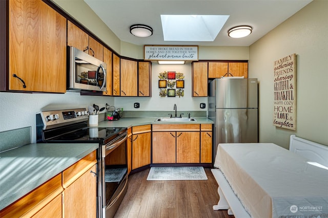 kitchen with stainless steel appliances, dark hardwood / wood-style flooring, a skylight, and sink