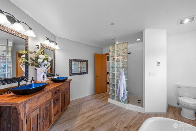 bathroom featuring vanity, wood-type flooring, toilet, and walk in shower