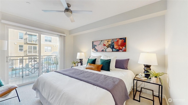 carpeted bedroom featuring access to exterior and ceiling fan