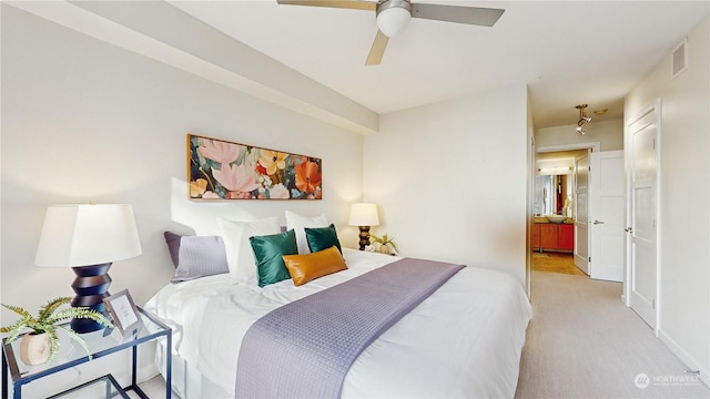 carpeted bedroom with ceiling fan