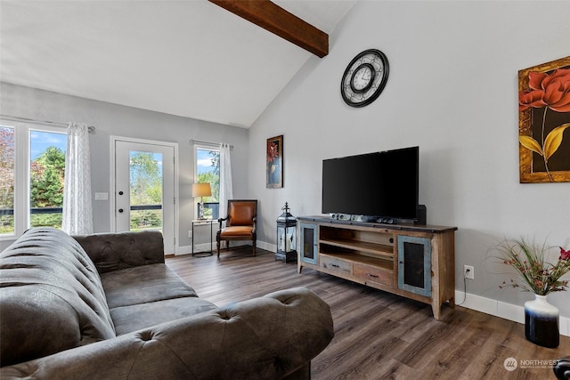 living room with dark hardwood / wood-style floors, beam ceiling, and high vaulted ceiling