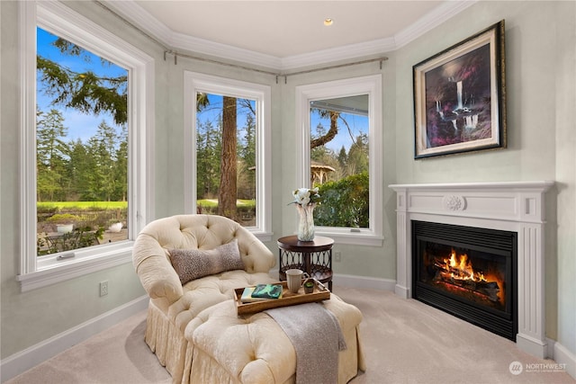 sitting room with light carpet and crown molding