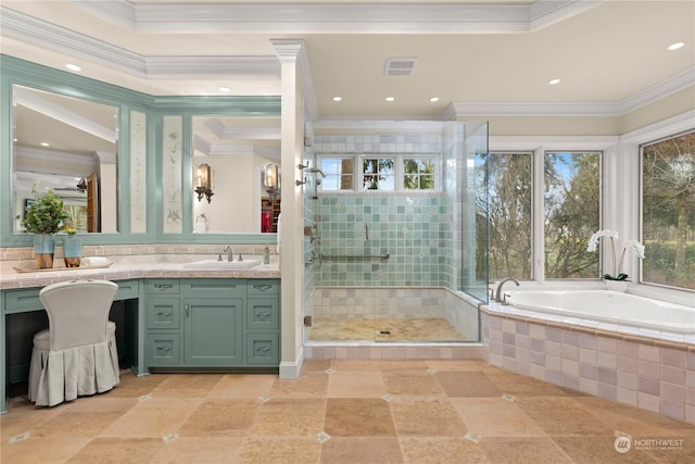 bathroom with vanity, ornamental molding, and plus walk in shower