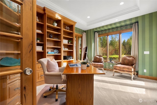 office area featuring ornamental molding and light colored carpet