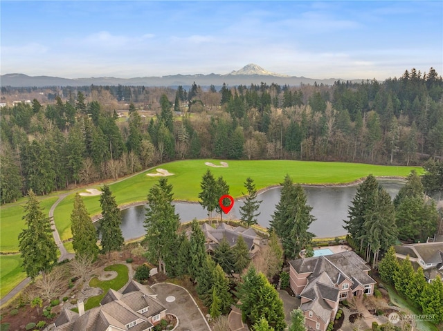 birds eye view of property featuring a water and mountain view