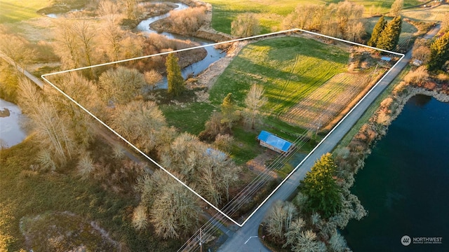 drone / aerial view with a water view