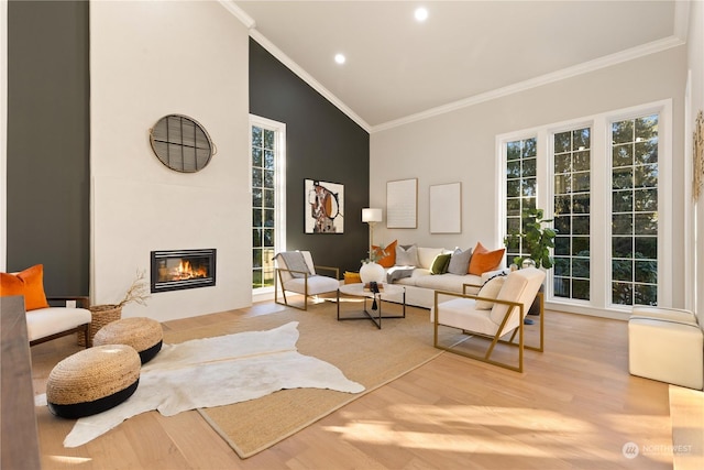 living room with light hardwood / wood-style floors, ornamental molding, a large fireplace, and high vaulted ceiling