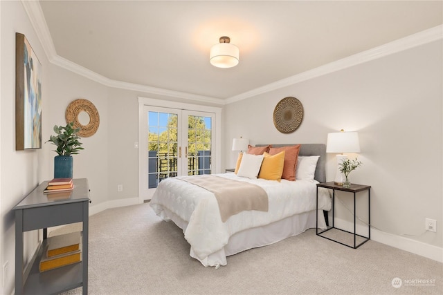 bedroom featuring crown molding, carpet, access to exterior, and french doors