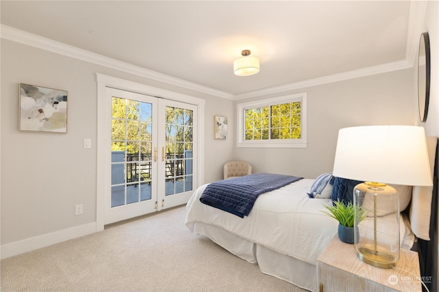 carpeted bedroom with crown molding, access to outside, and french doors