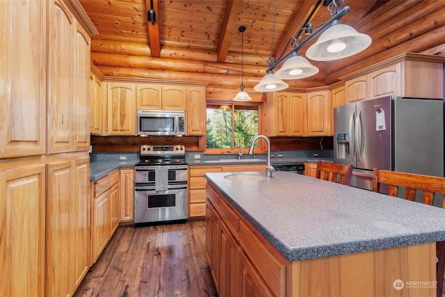 kitchen with hanging light fixtures, appliances with stainless steel finishes, and a kitchen island with sink