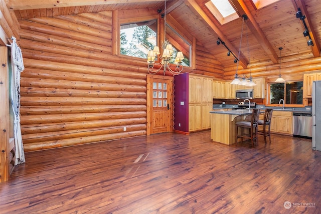 kitchen featuring a skylight, decorative light fixtures, an island with sink, sink, and stainless steel appliances