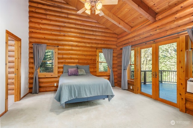 bedroom with beam ceiling, high vaulted ceiling, light carpet, and access to outside