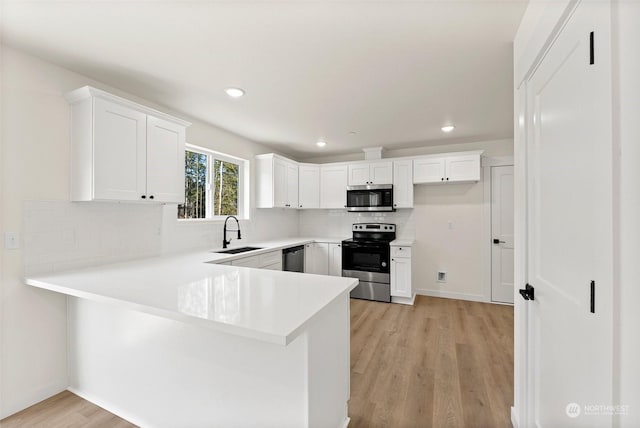 kitchen with sink, appliances with stainless steel finishes, white cabinetry, decorative backsplash, and kitchen peninsula