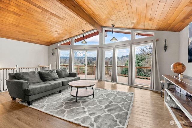 living room with wood ceiling, hardwood / wood-style flooring, and vaulted ceiling with beams