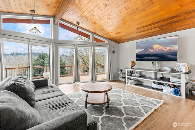 living room featuring wood ceiling, vaulted ceiling with beams, a wealth of natural light, and wood-type flooring