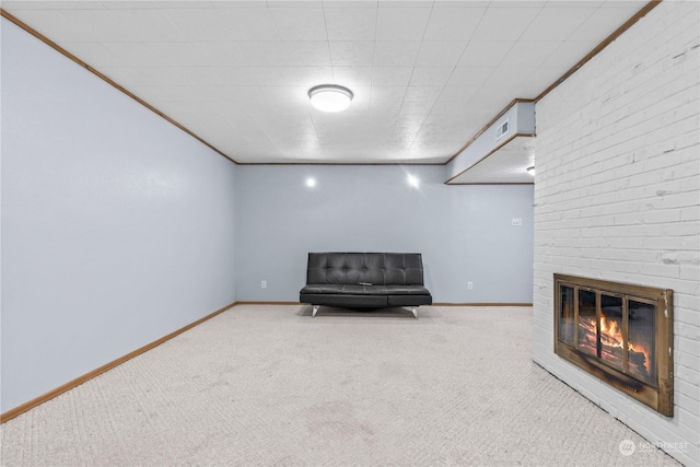 unfurnished room featuring light carpet, crown molding, and a fireplace