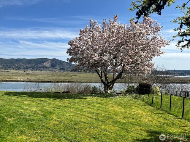 view of yard featuring a water and mountain view and fence