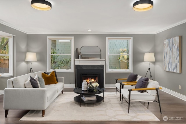 living room featuring wood-type flooring, plenty of natural light, and ornamental molding