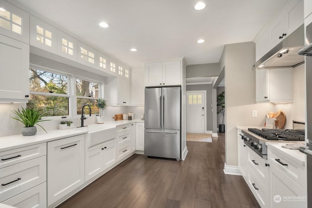 kitchen with white cabinetry, stainless steel appliances, dark hardwood / wood-style flooring, and sink