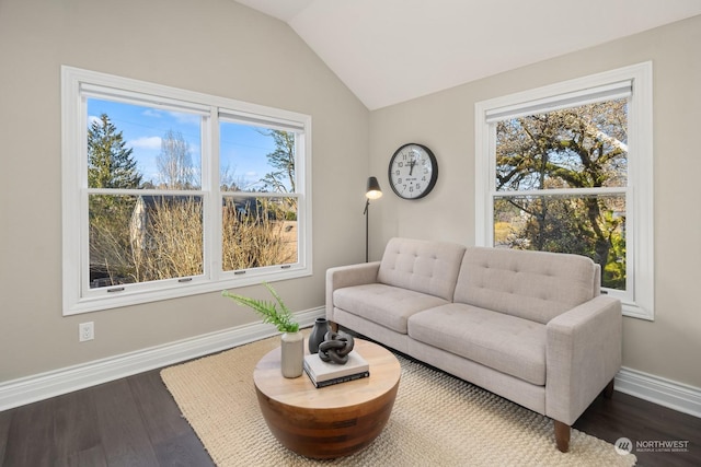 living room with dark hardwood / wood-style floors and vaulted ceiling