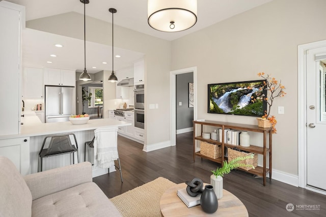 living room featuring vaulted ceiling and dark hardwood / wood-style floors