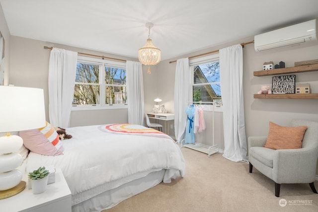 bedroom featuring light carpet, a wall mounted air conditioner, and an inviting chandelier