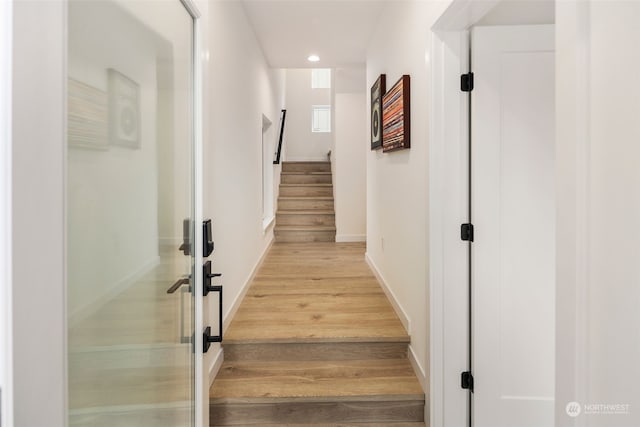 stairway with hardwood / wood-style floors