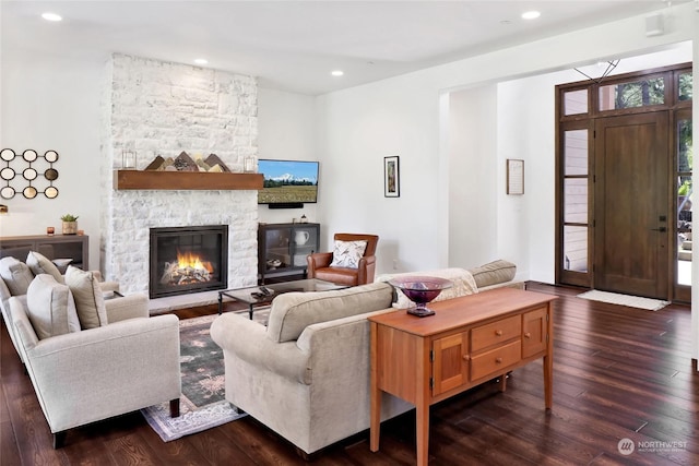 living room featuring a fireplace and dark hardwood / wood-style flooring