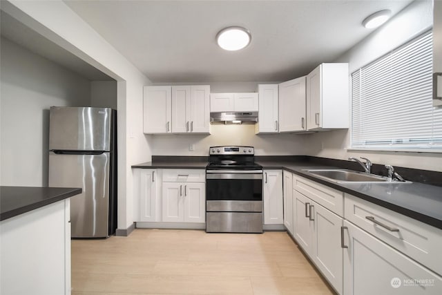 kitchen featuring stainless steel appliances, sink, white cabinets, and light hardwood / wood-style floors