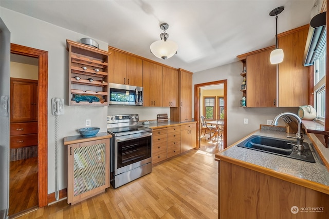 kitchen with hanging light fixtures, appliances with stainless steel finishes, sink, and light wood-type flooring