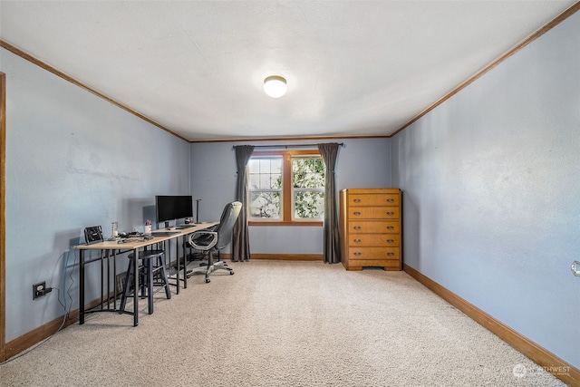 carpeted office featuring crown molding