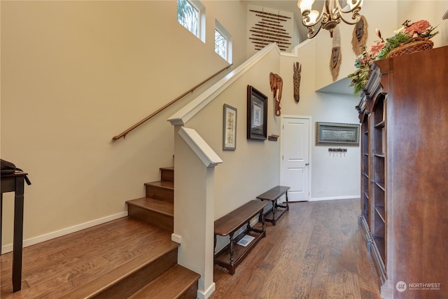 entrance foyer featuring dark hardwood / wood-style flooring, a notable chandelier, and a high ceiling