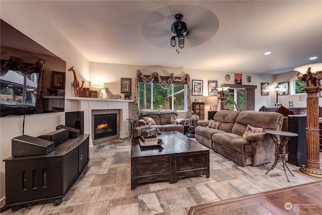 living room featuring ceiling fan