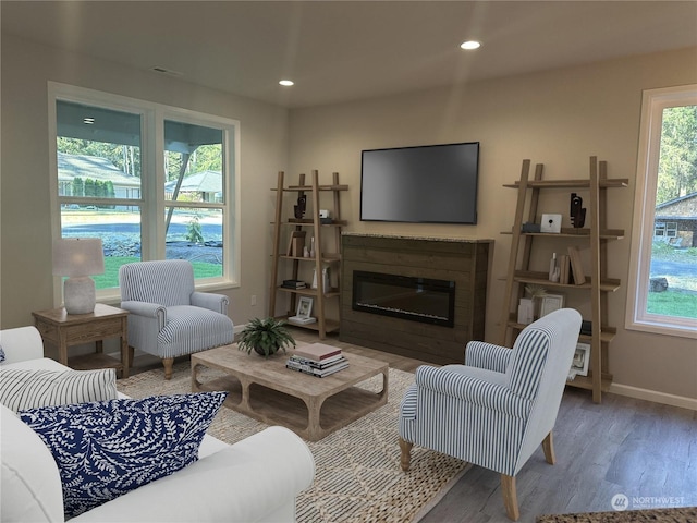 living room with plenty of natural light and wood-type flooring