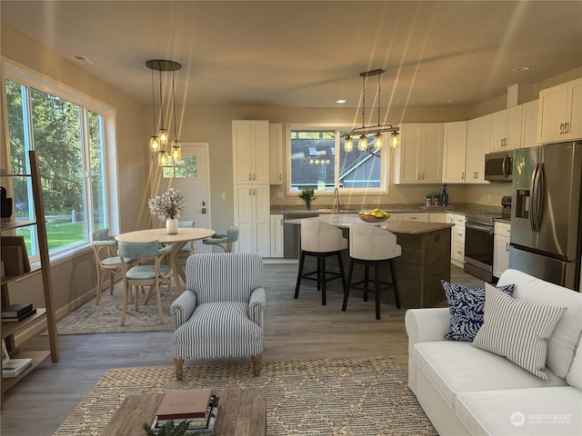 interior space featuring hardwood / wood-style floors, sink, and a chandelier