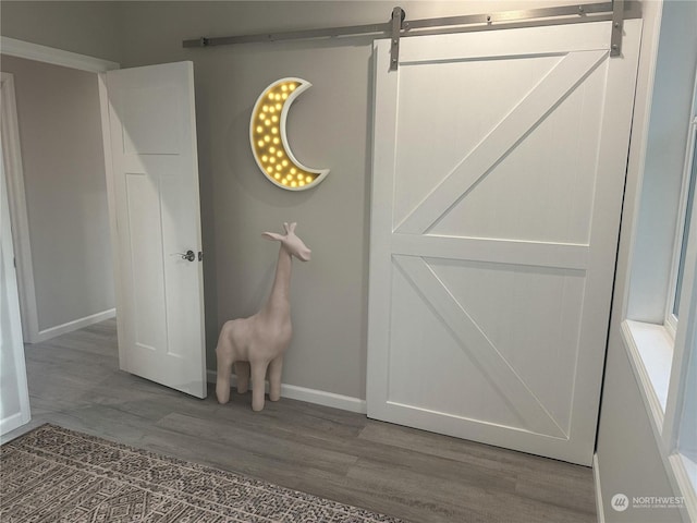 room details with hardwood / wood-style flooring and a barn door