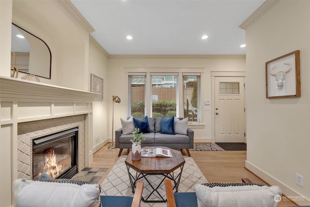 living room featuring crown molding, light wood-type flooring, and a fireplace