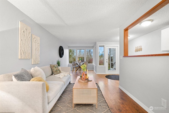 living room featuring dark hardwood / wood-style flooring and a textured ceiling