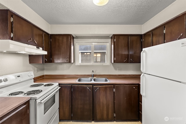 kitchen featuring sink, white appliances, and dark brown cabinets