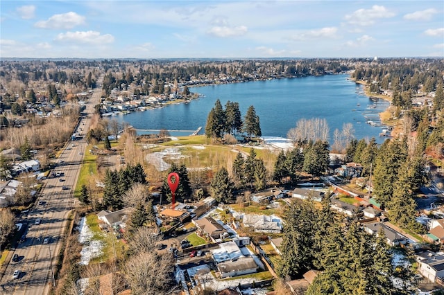 bird's eye view with a water view