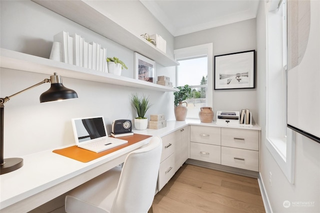 office area featuring crown molding and light wood-type flooring