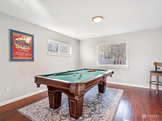 recreation room featuring pool table, dark wood-type flooring, and baseboards